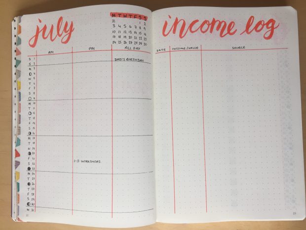 Ryder Carroll traditional monthly layout, income log
