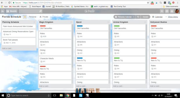 Trello board for planning a Florida vacation