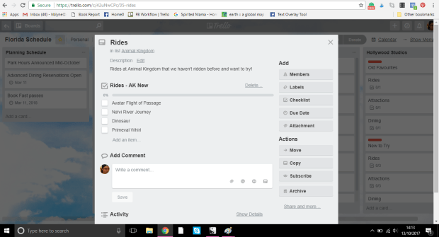 Trello board for Orlando holiday planning
