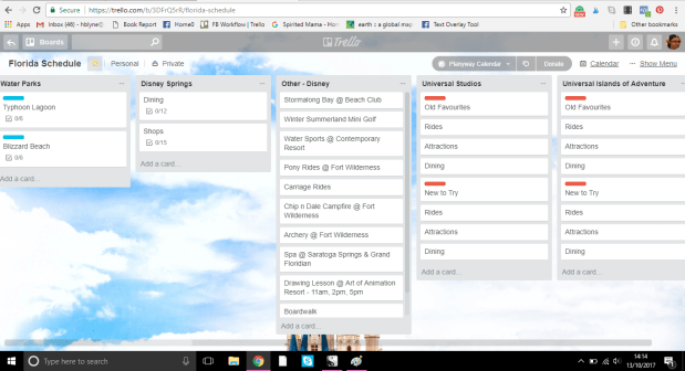 Trello board for planning an Orlando vacation at Walt Disney World and Universal